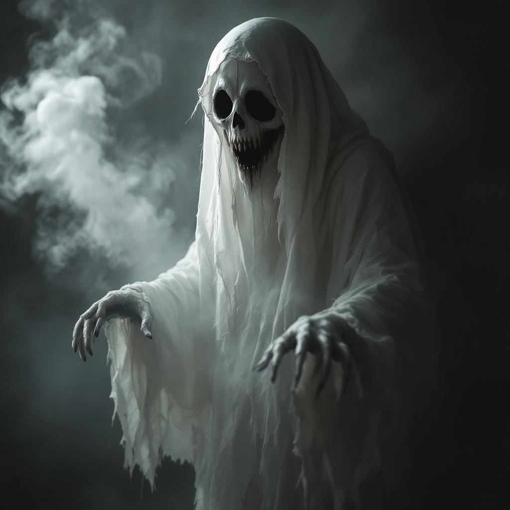 Eerie Spectral Figure in Dimly Lit Space