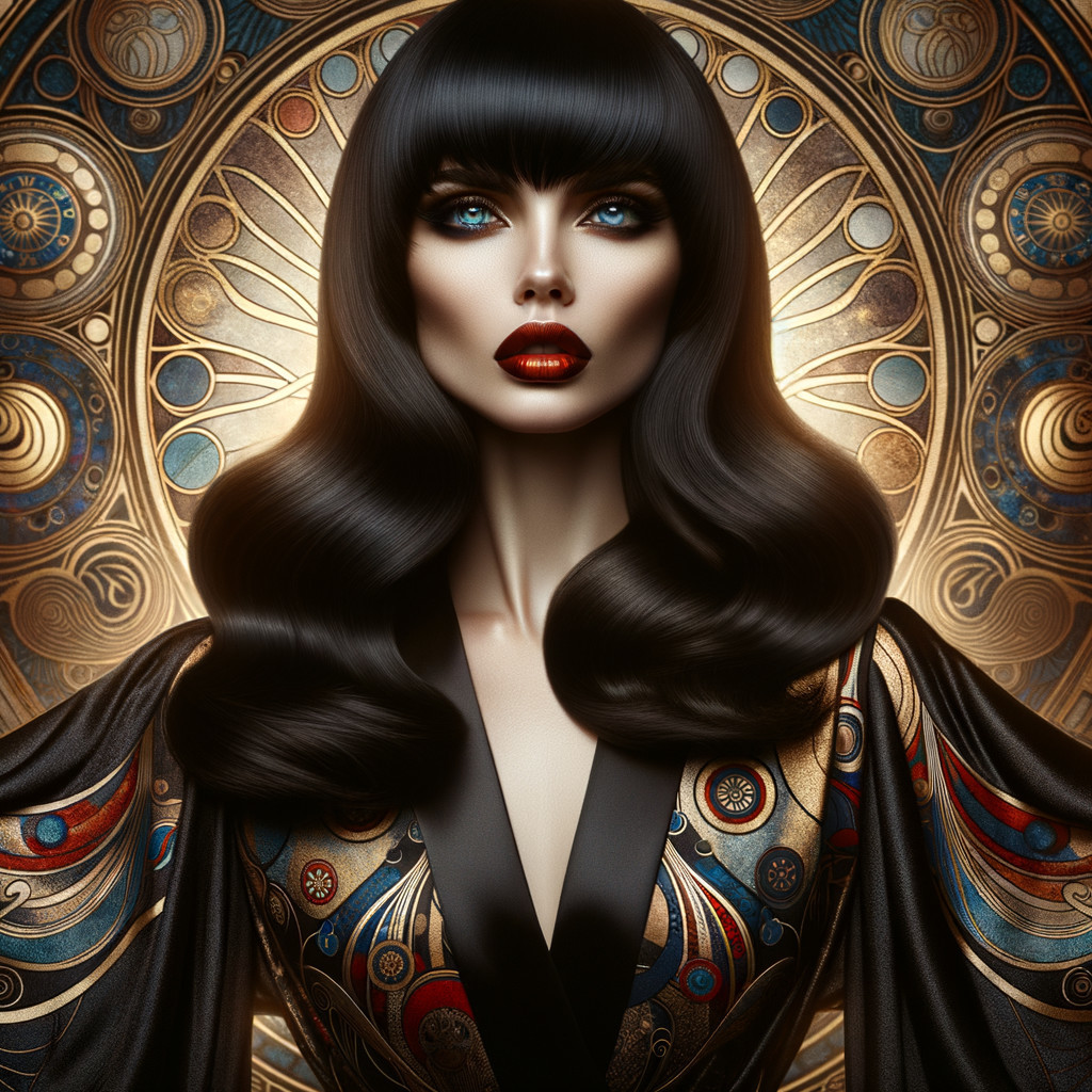 Elegant Figure in Richly Patterned Robe with Vibrant Background