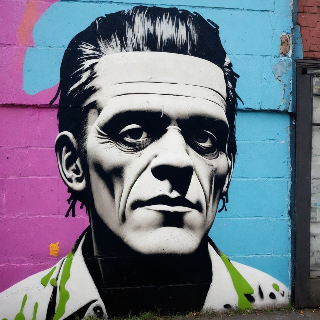 Mural of a man with slicked-back hair and serious expression