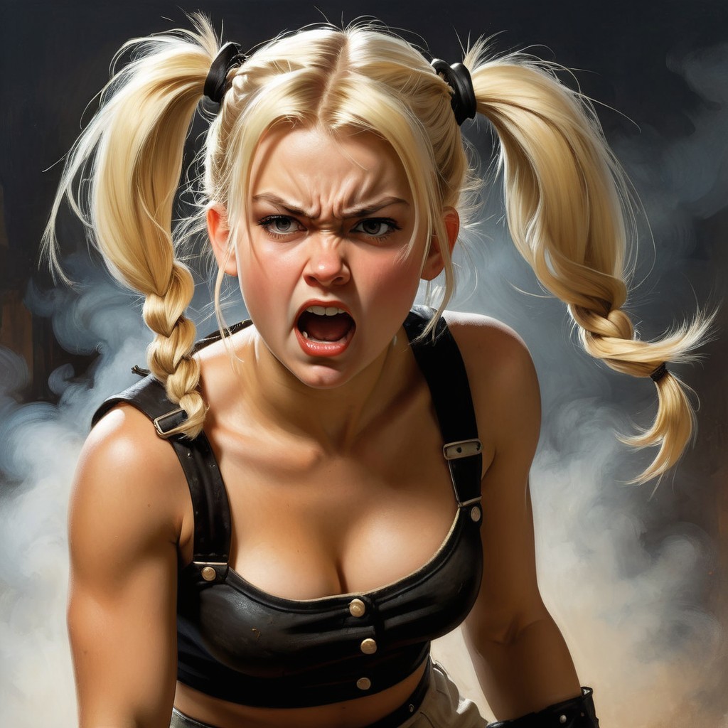 Fierce Young Woman in Black Tank Top with Smoky Background