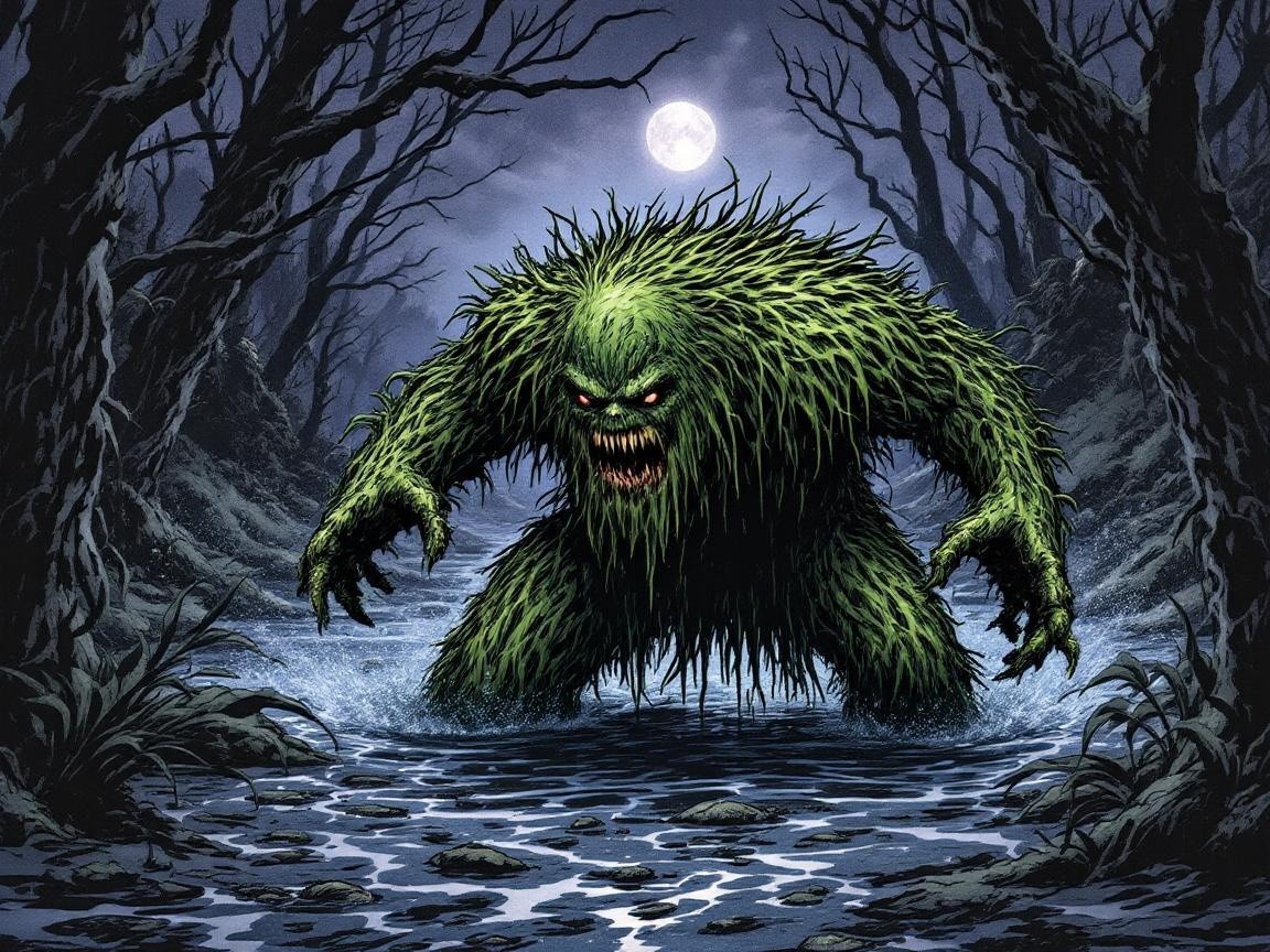 Monstrous Creature in Eerie Swamp Under Full Moon