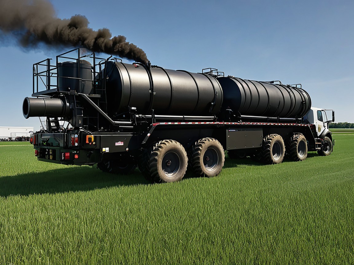 Large Black Tanker Truck in Green Field with Smoke