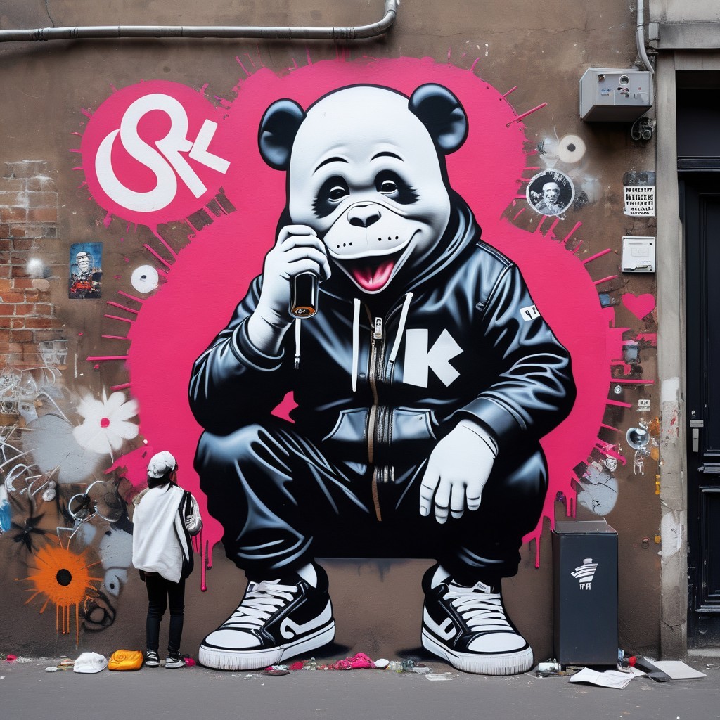 Vibrant Street Mural of Panda in Hoodie and Sneakers