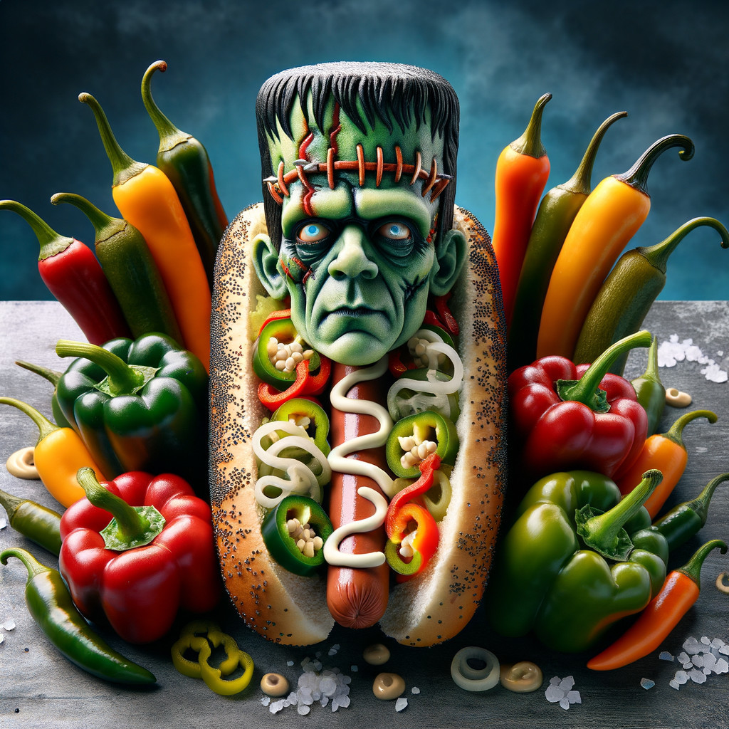 Frankenstein's Monster Hot Dog with Colorful Peppers