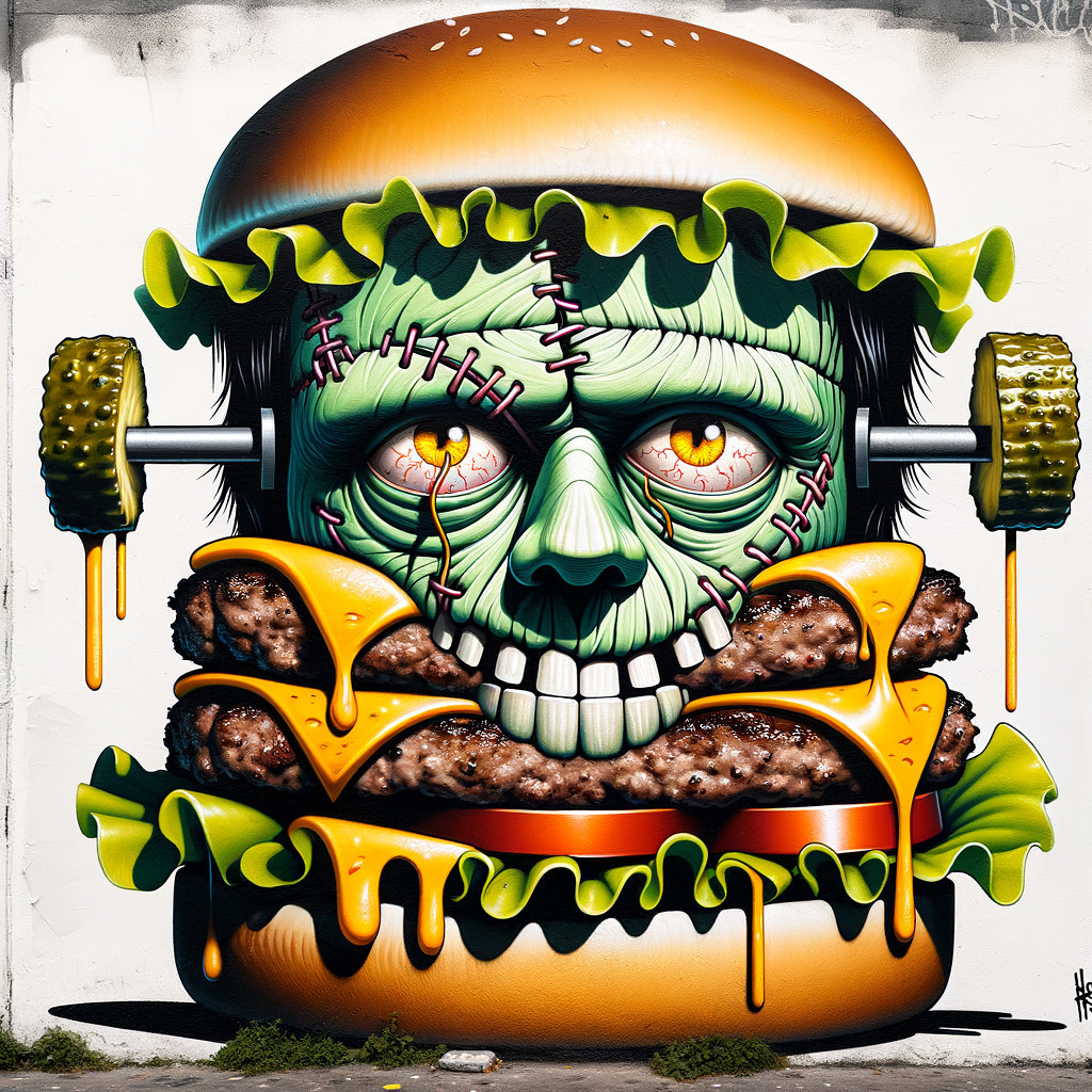 Vibrant Mural of a Monster Burger with Gym Elements