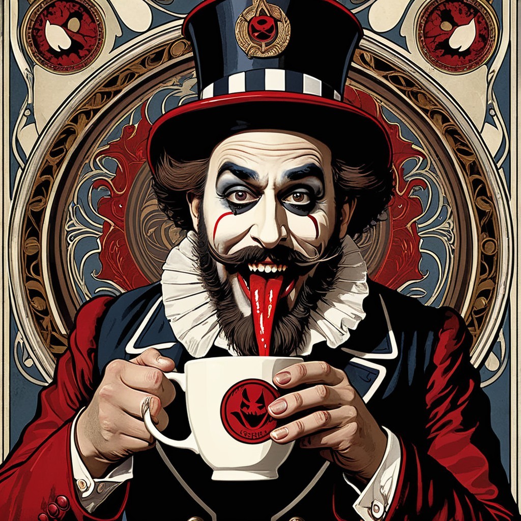 Whimsical Clown in Top Hat with Teacup and Vintage Background