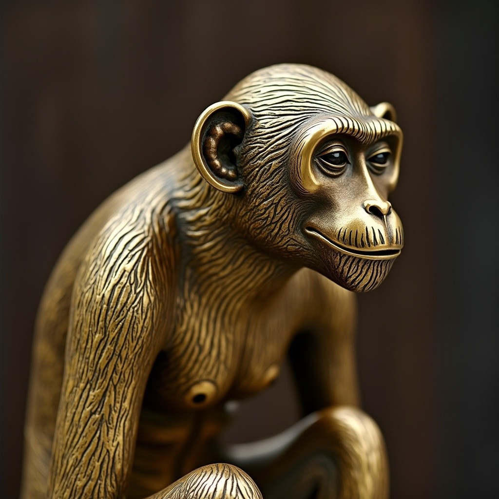 Detailed Bronze Sculpture of a Thoughtful Monkey