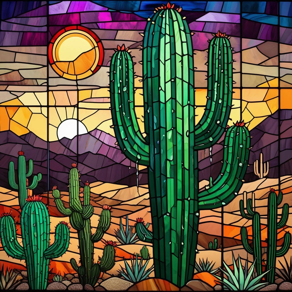 Vibrant Stained Glass Desert Landscape with Cacti