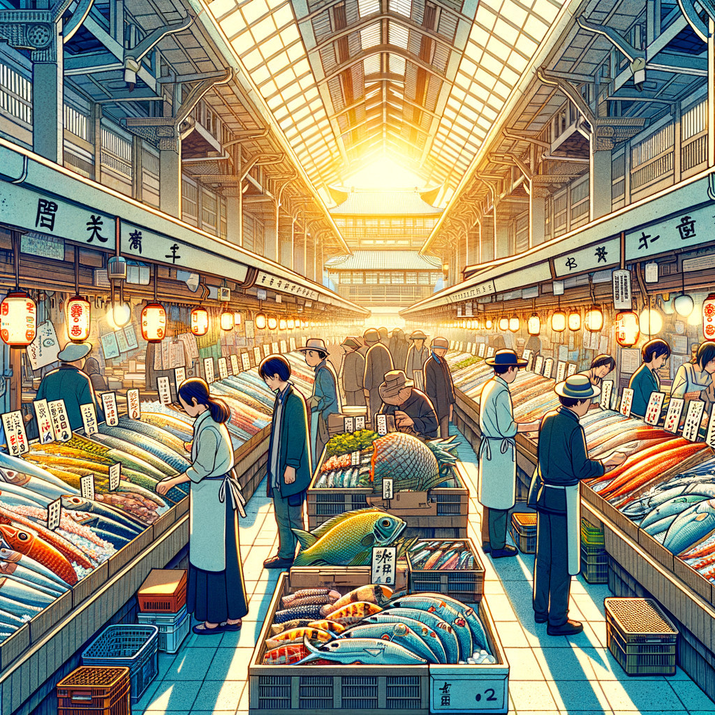 Dawn at a vibrant fish market with fresh seafood stalls