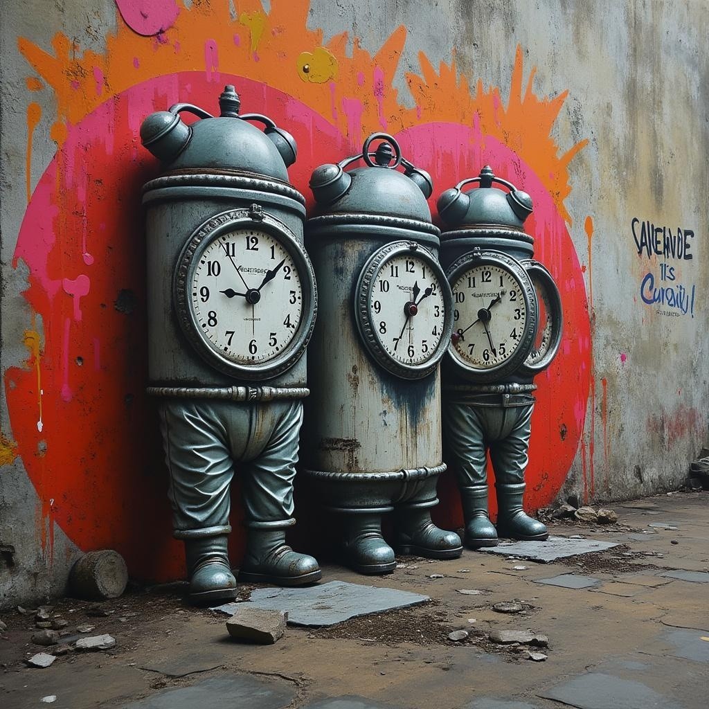 Whimsical Clock Sculptures Against Graffiti Wall