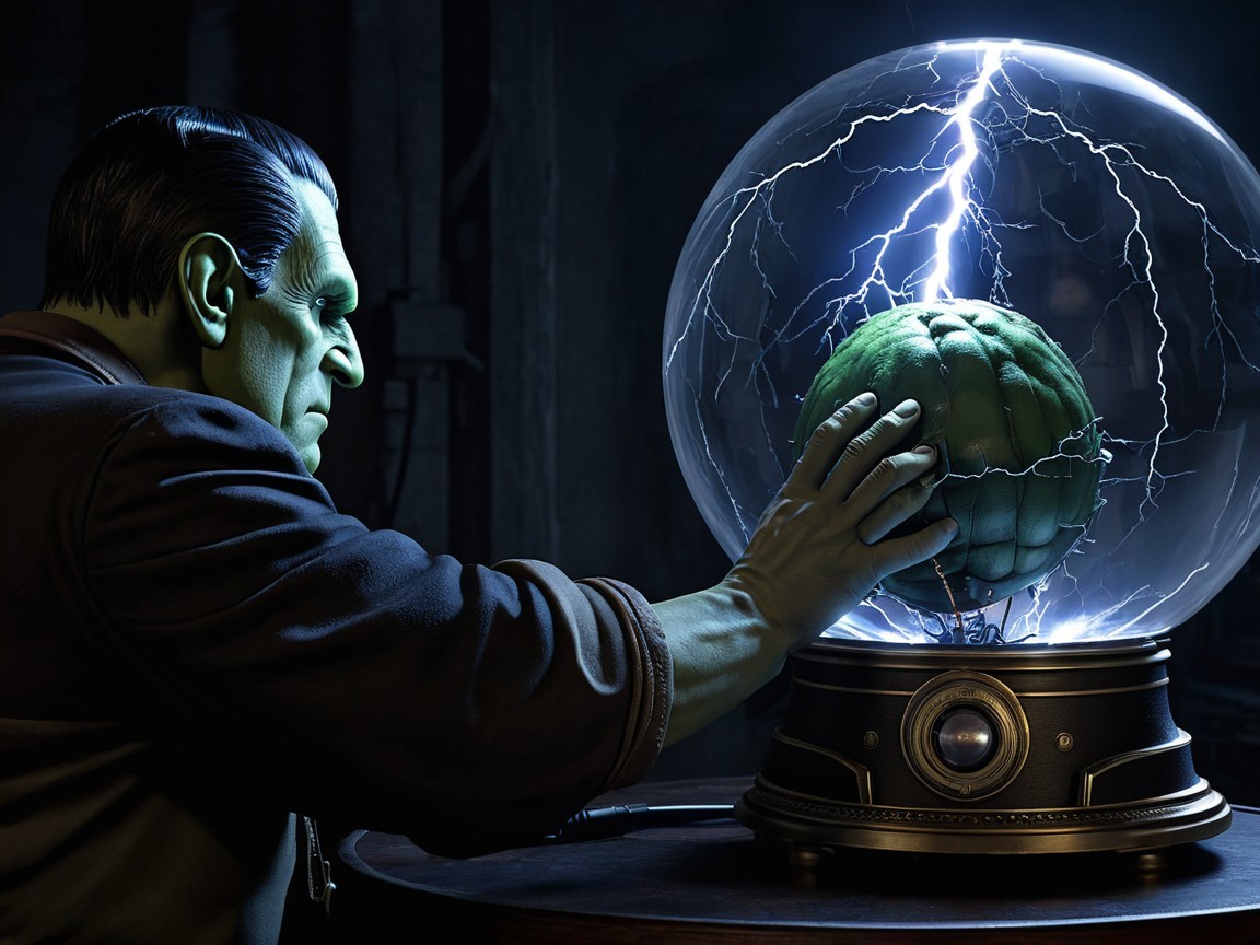 Green-Skinned Figure in Dim Laboratory with Electrified Orb