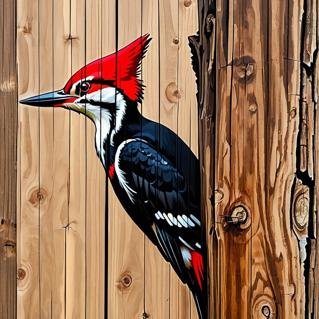Vibrant Mural of Woodpecker on Wooden Fence