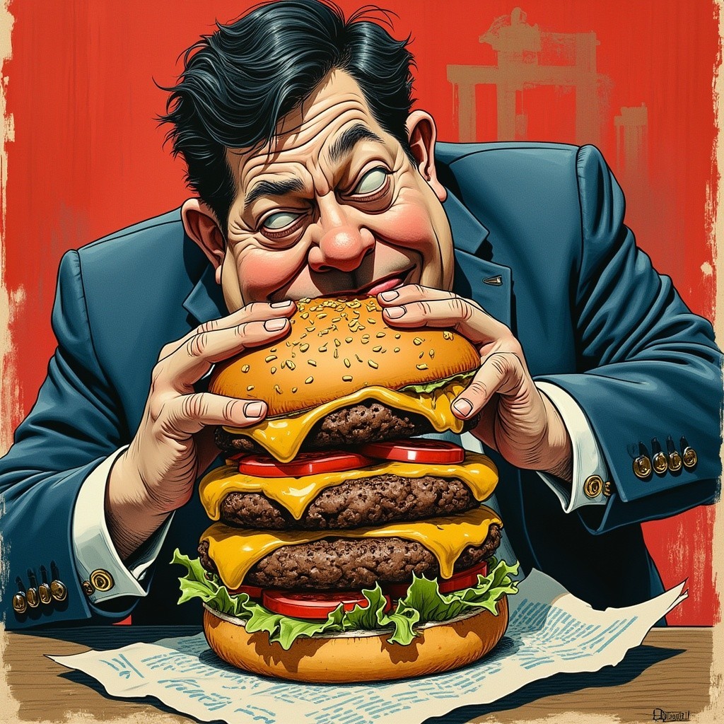 Cartoon Character Eager for Towering Burger Delight