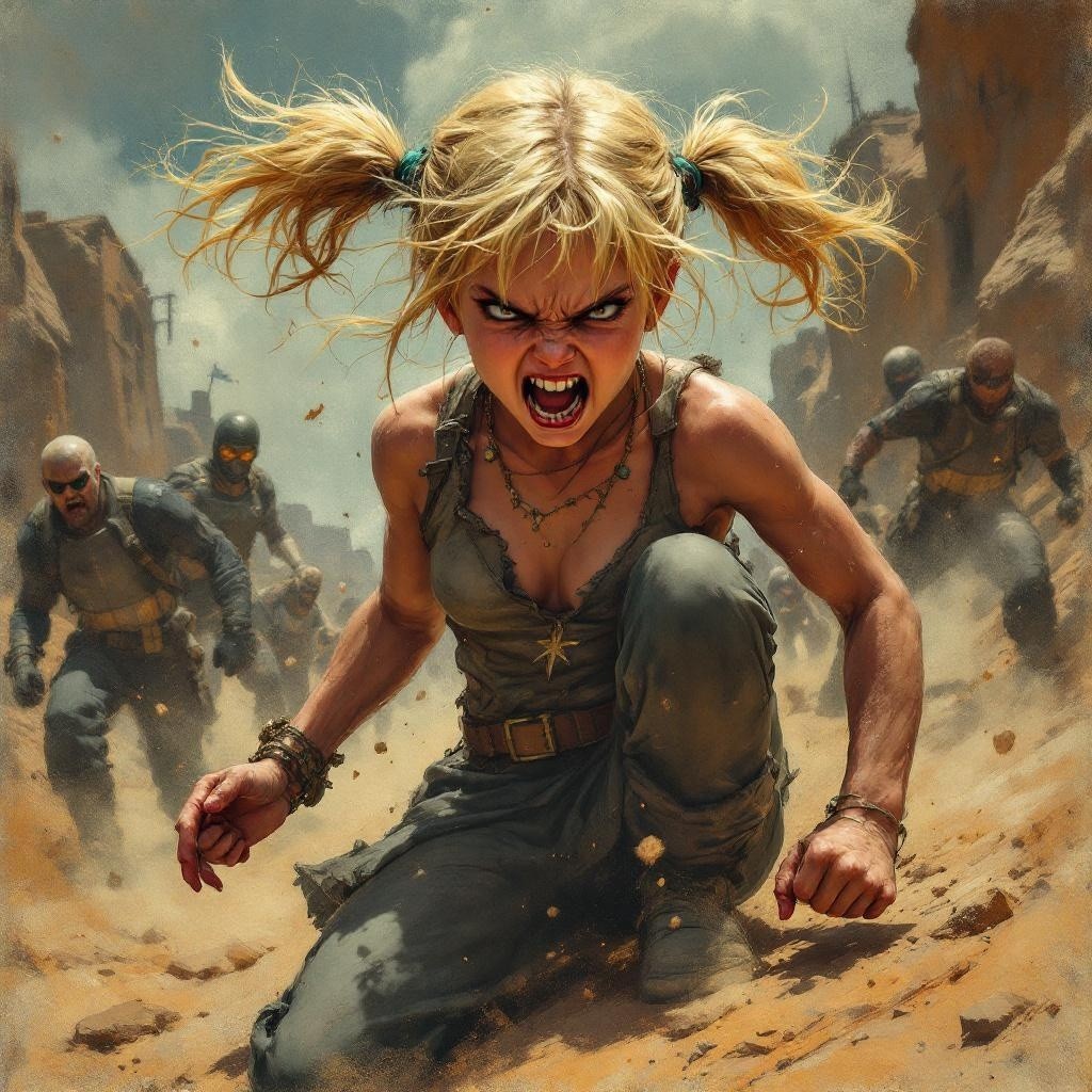 Young girl in tattered outfit in tense confrontation scene