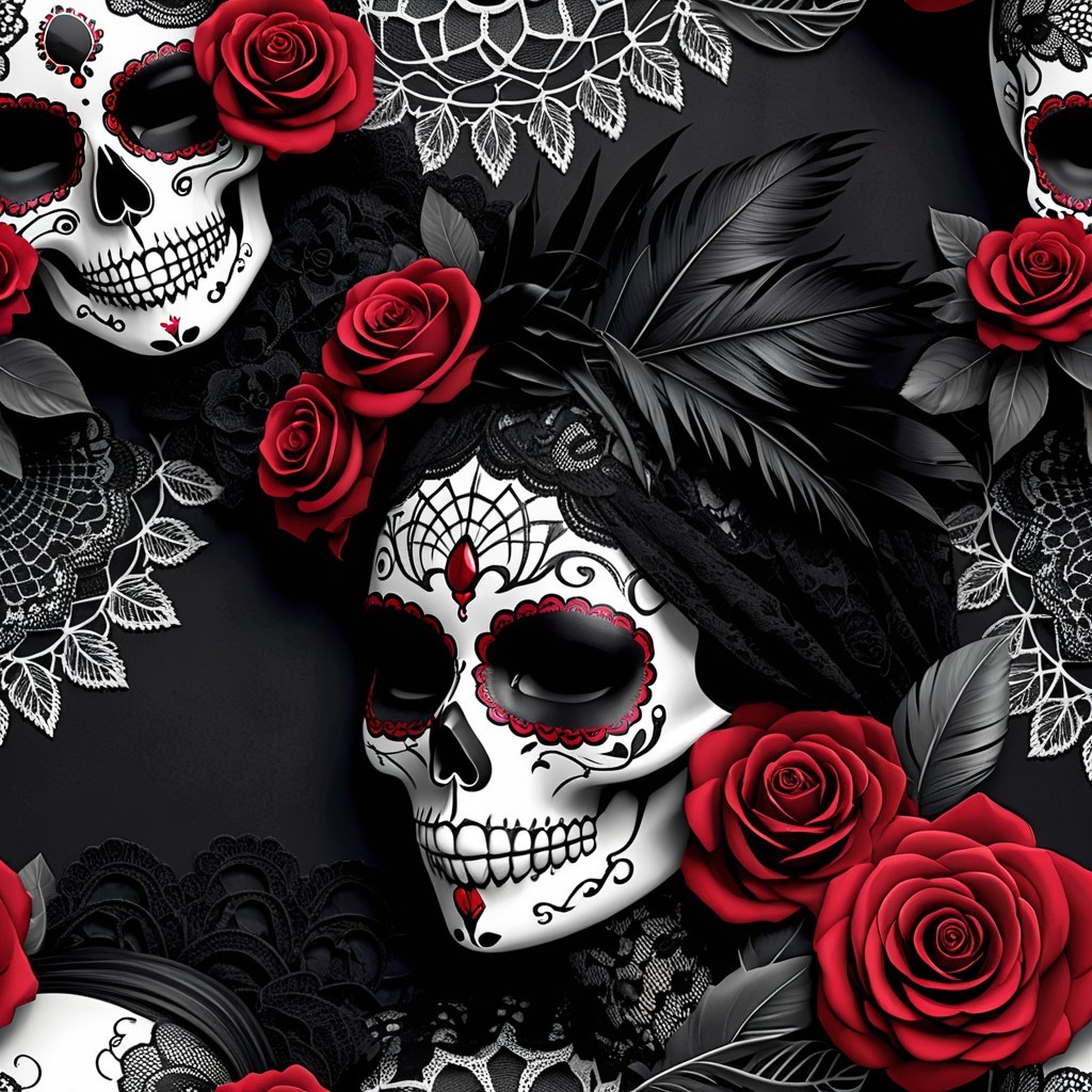 Intricate Skull Pattern with Roses and Lace Motifs