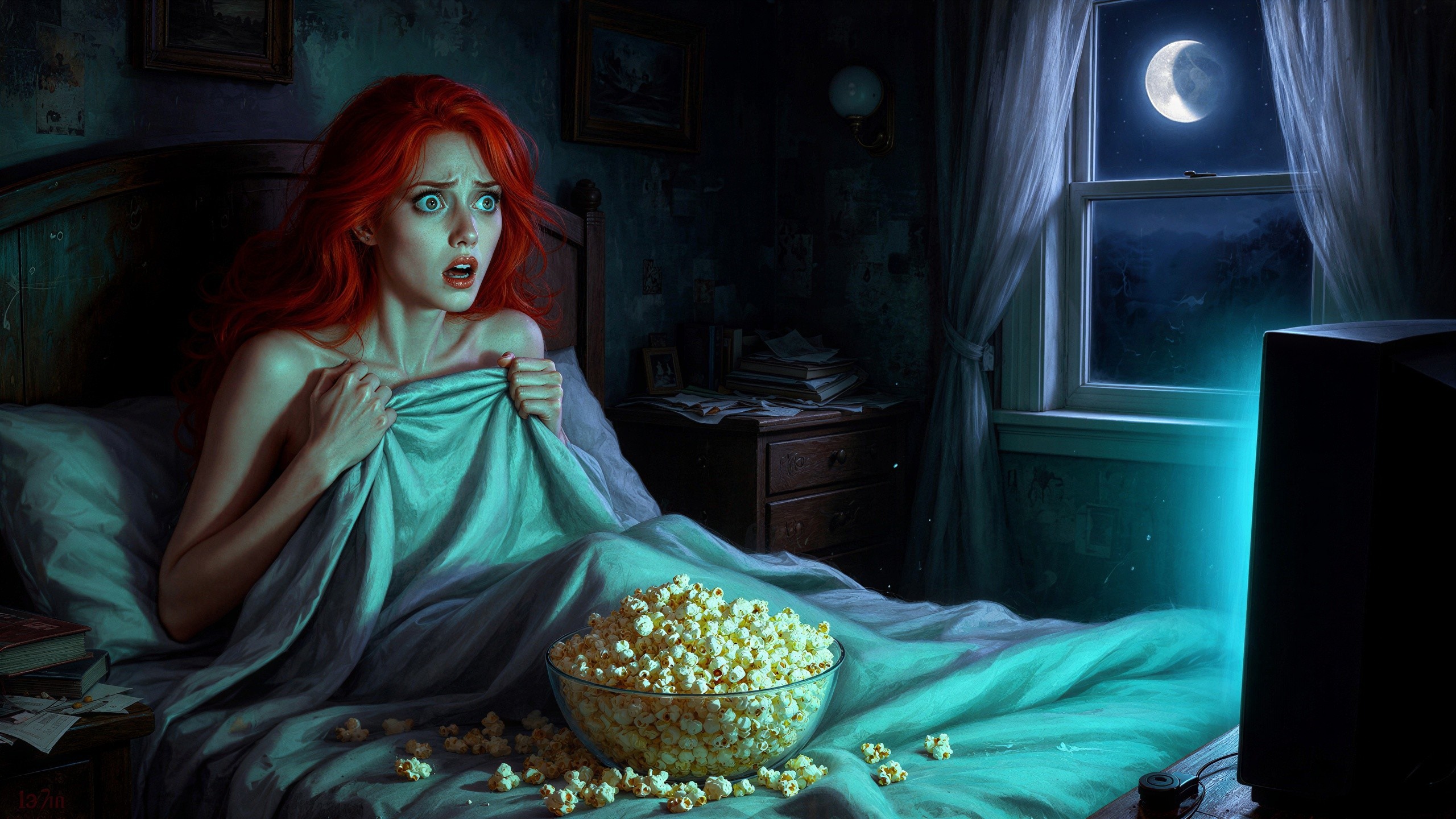 Terrified young woman in dim bedroom with popcorn