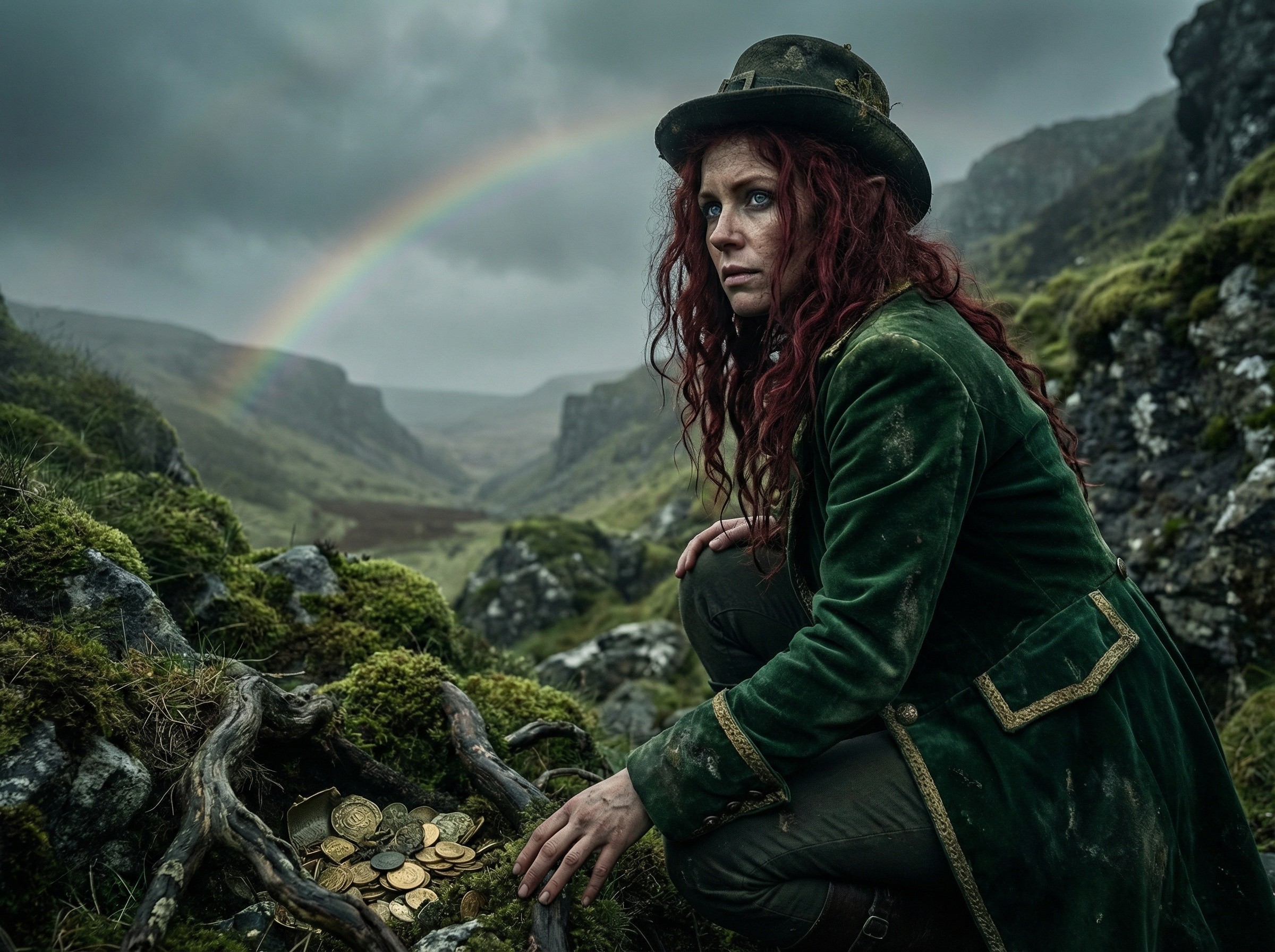 Leprechaun with Gold at Rainbow's End in Green Landscape