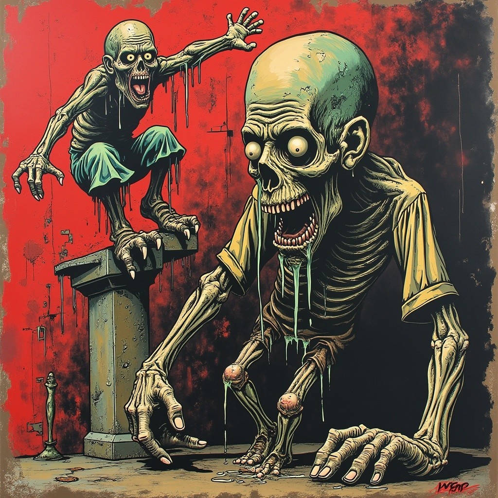 Grotesque Skeletal Figures on Red Background