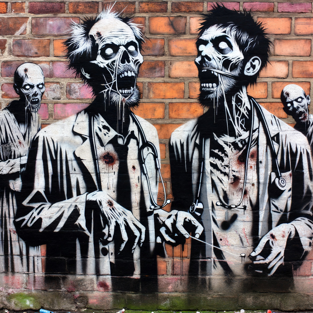 Street Art Mural of Zombie Figures in Lab Coats