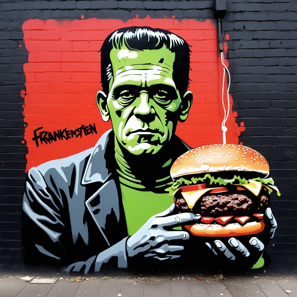 Mural of Green Figure with Hamburger on Red Background