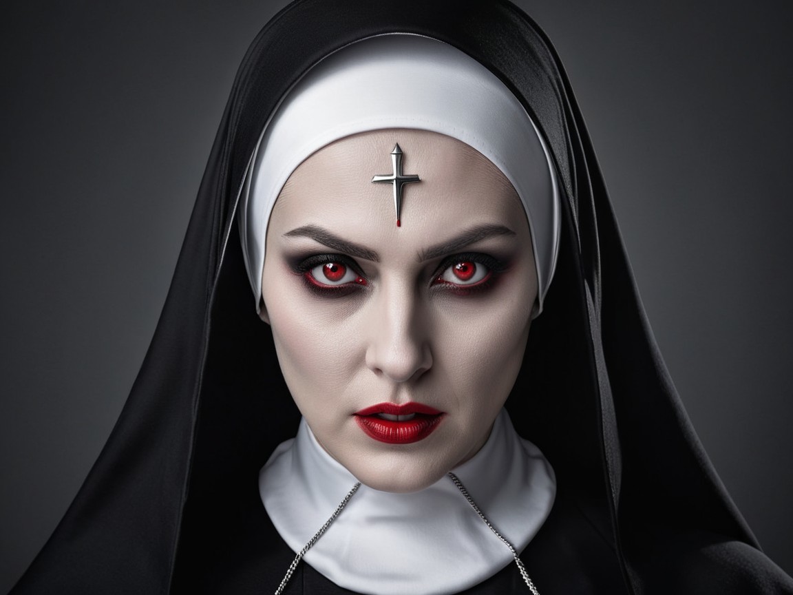 Portrait of a woman in nun attire with dramatic features