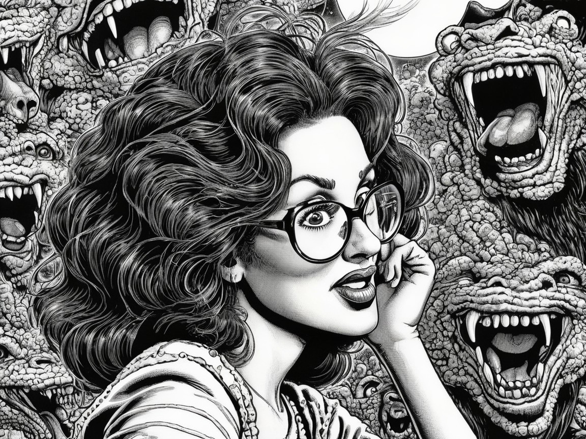 Calm Woman Amidst Roaring Monstrous Creatures