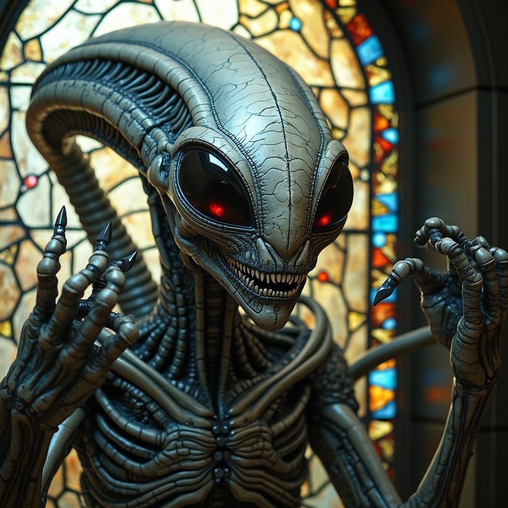 Humanoid Alien Figure Before Intricate Stained Glass Window