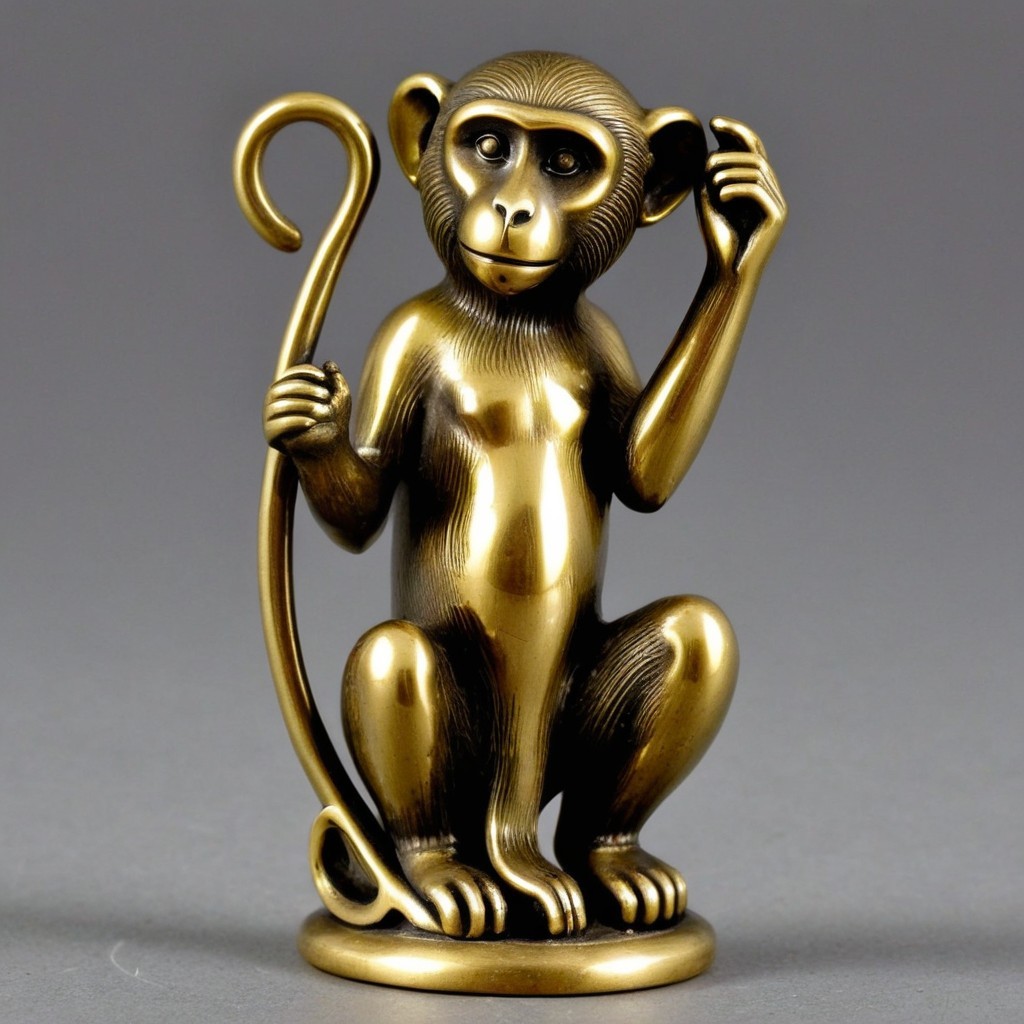 Bronze Monkey Figurine on Circular Base with Playful Pose
