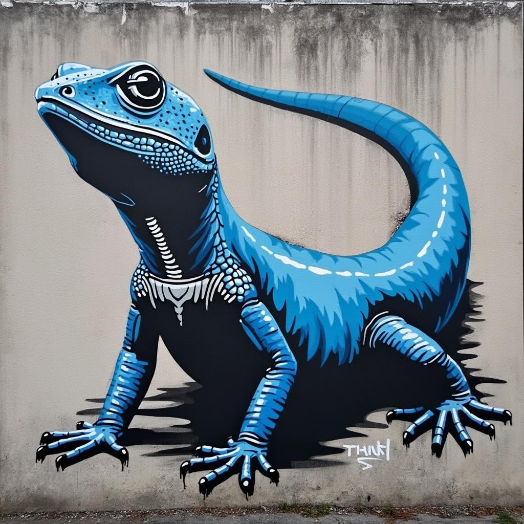 Vibrant mural of a stylized blue lizard on grey wall
