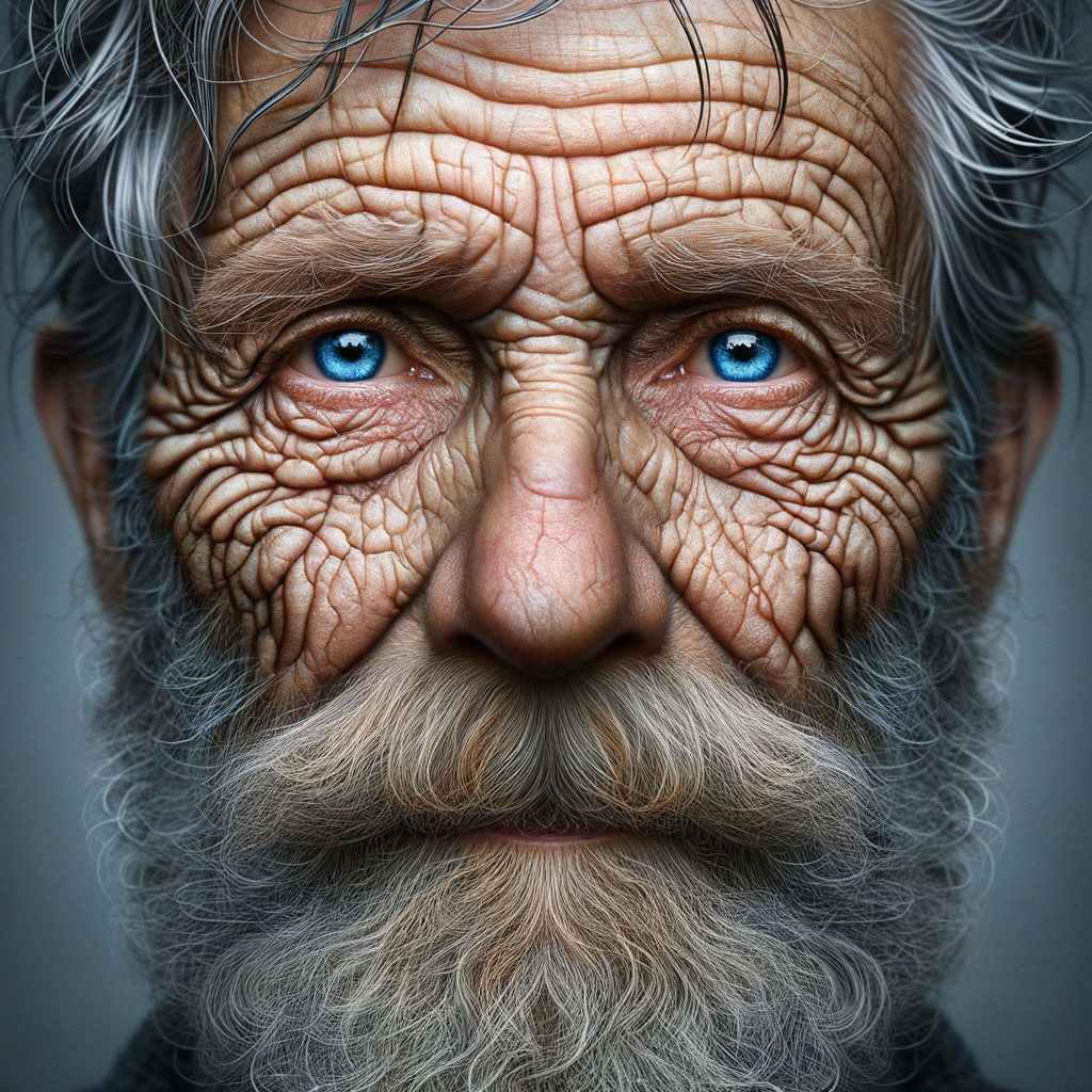 Elderly man with deep wrinkles and striking blue eyes