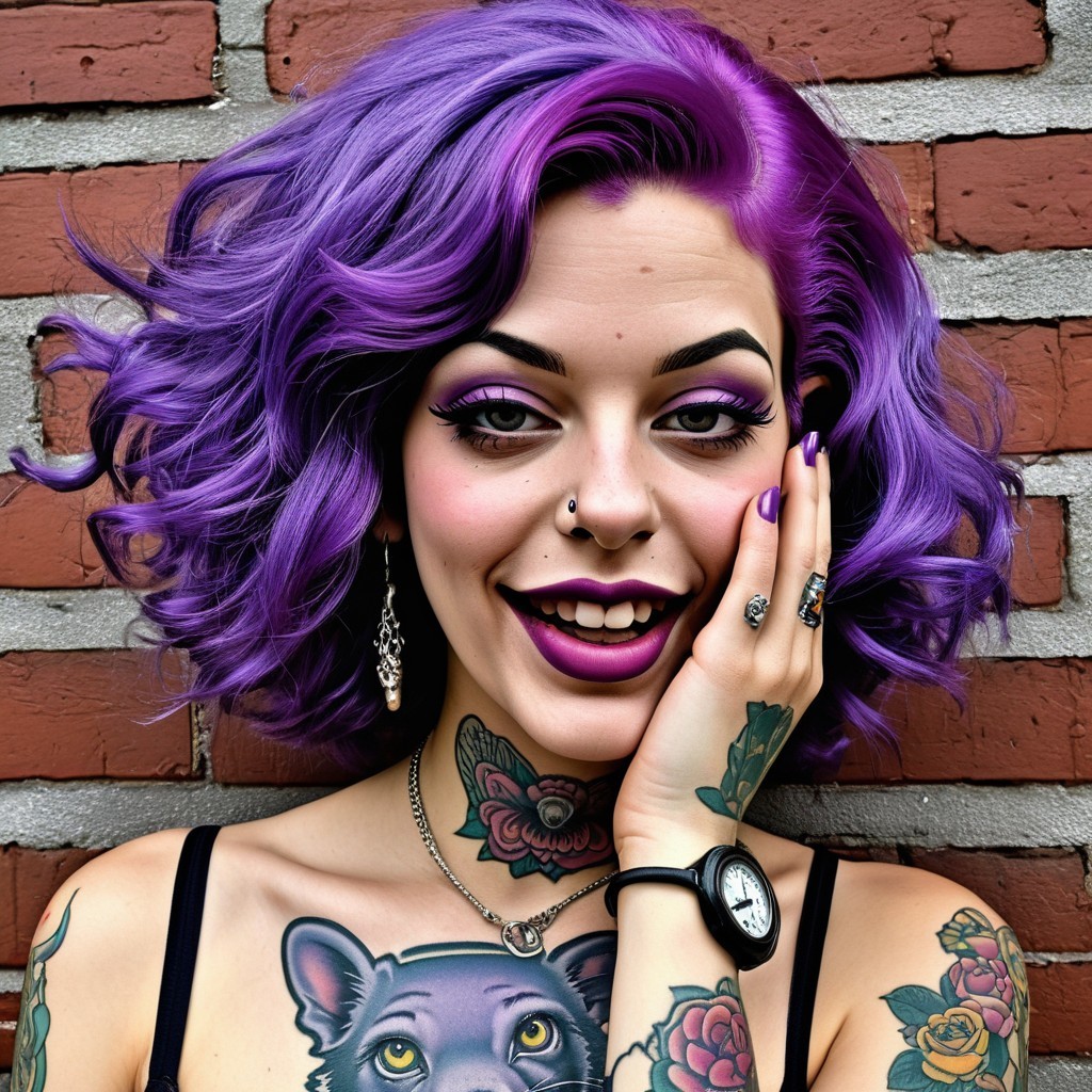 Young woman with purple hair and bold makeup features