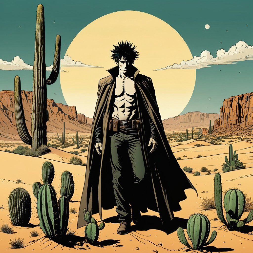 Lone Figure in Desert Under Glowing Moonlight