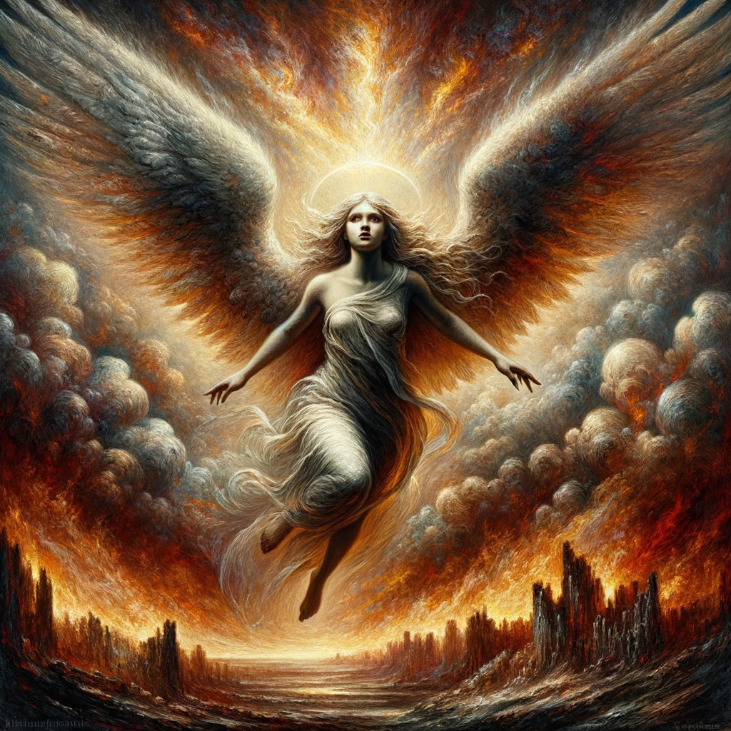 Majestic angel with radiant wings in fiery clouds