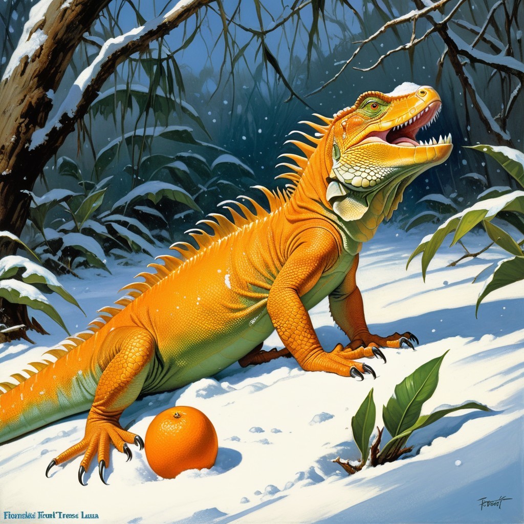 Orange Iguana in Snowy Landscape with Green Leaves