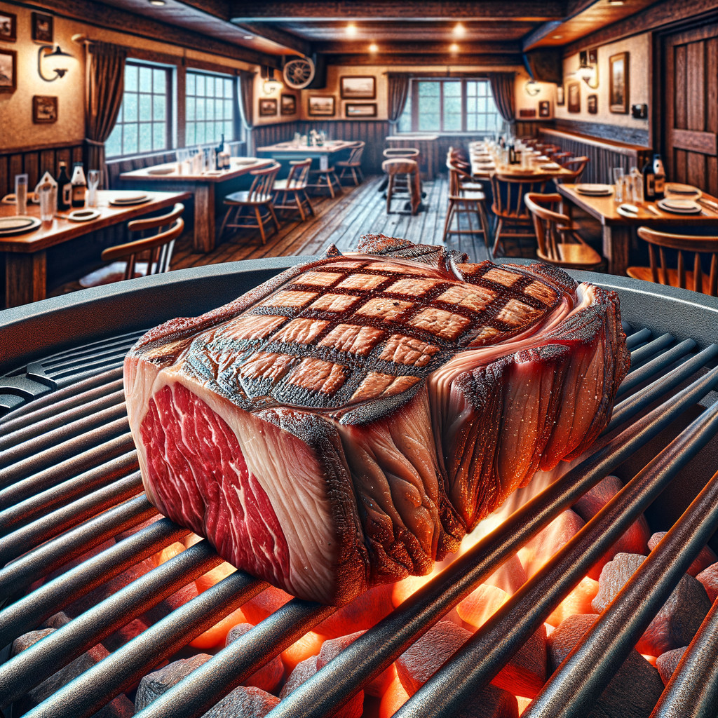 Grilled Steak on Barbecue Grill in Restaurant Setting