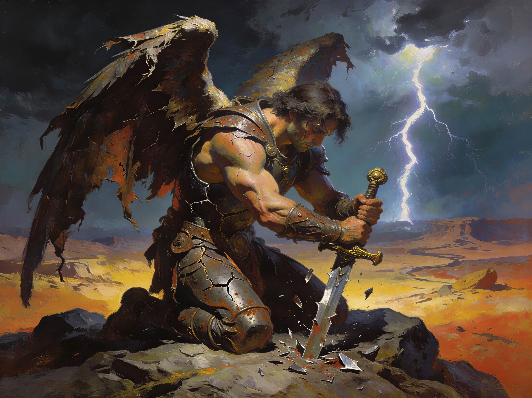 Fallen Angel in Dark Armor Kneeling in Thunderstorm