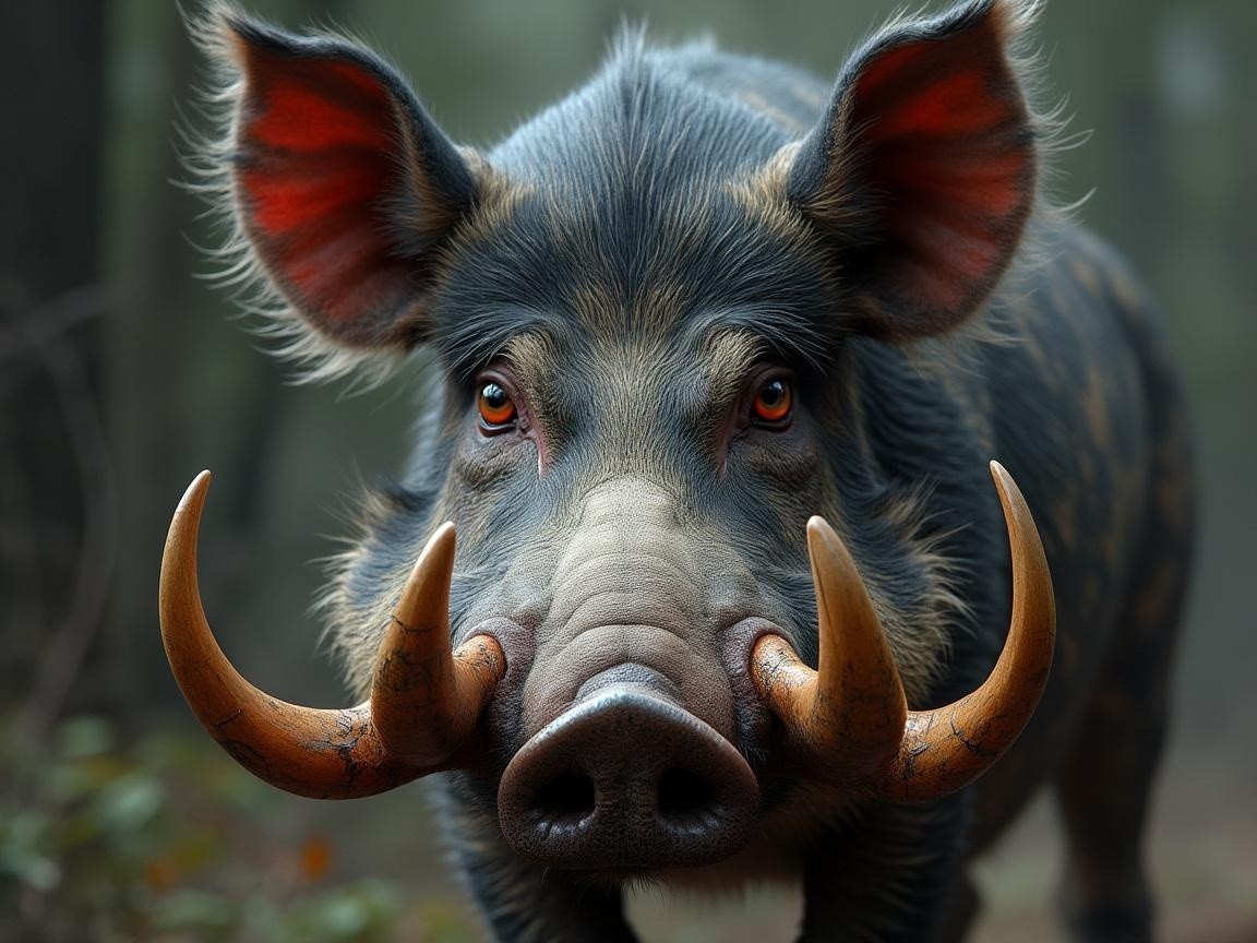 Close-up of a wild boar in a misty forest