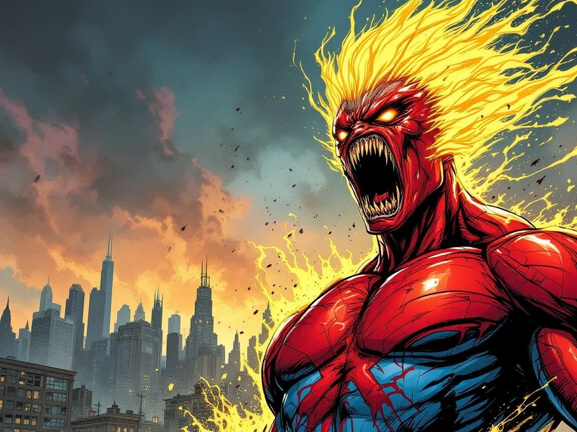 Muscular superhero with fiery features in stormy skyline