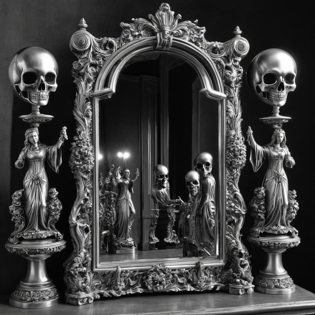 Ornate Baroque Mirror with Sculpted Figures in B&W