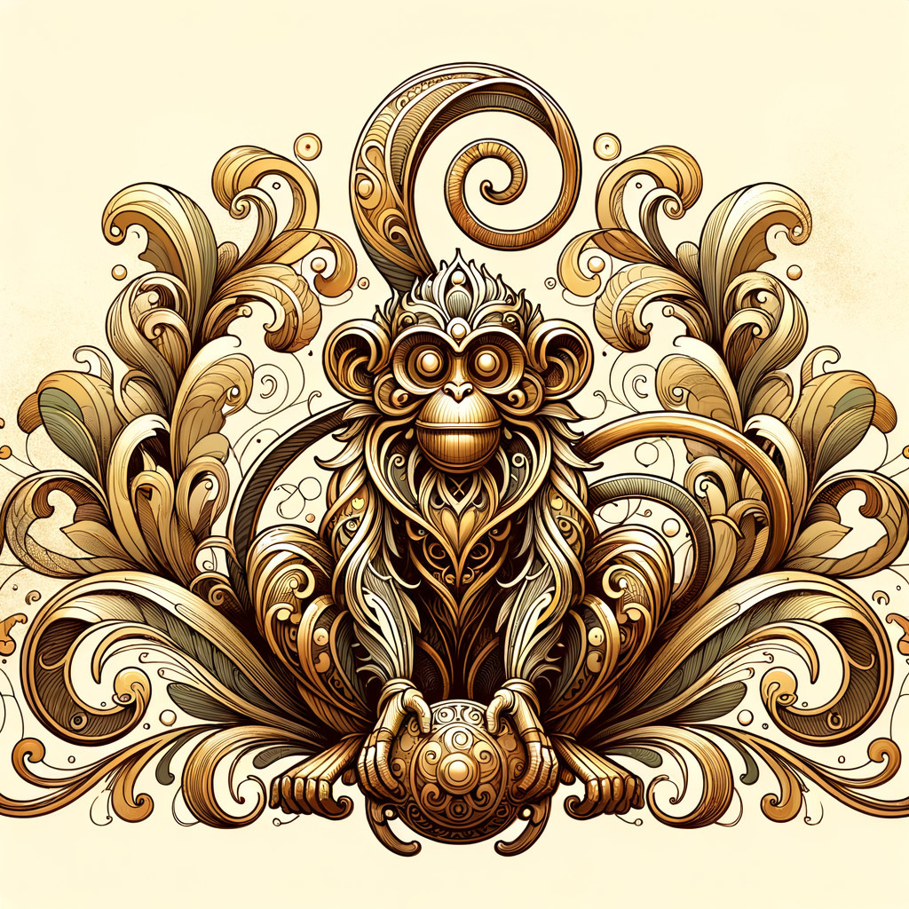 Ornate Illustration of a Monkey with Decorative Sphere
