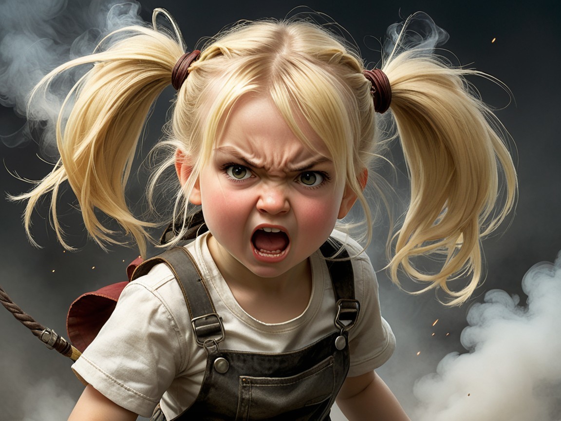 Young girl with braided pigtails and intense glare