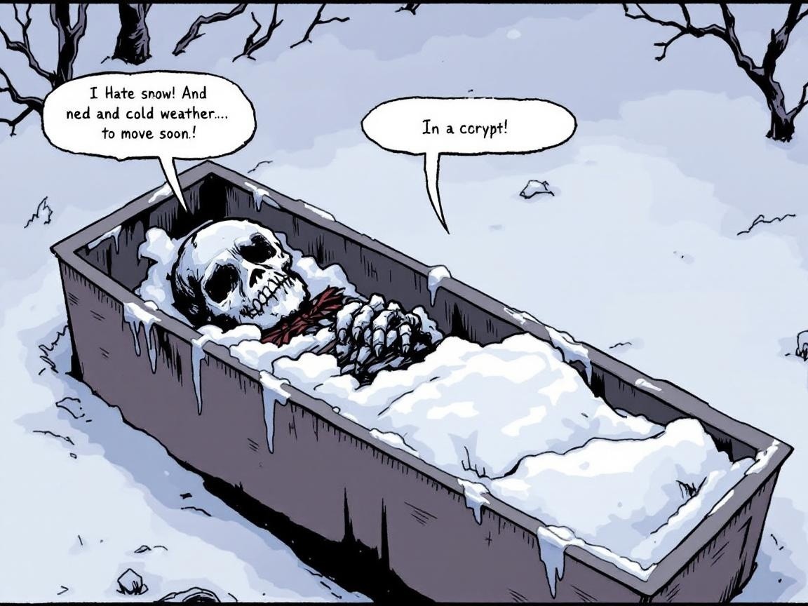 Skeleton in Snowy Coffin Complains About Cold Weather