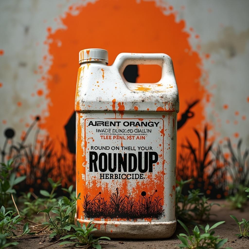 Weathered Roundup Container with Orange Paint Backdrop