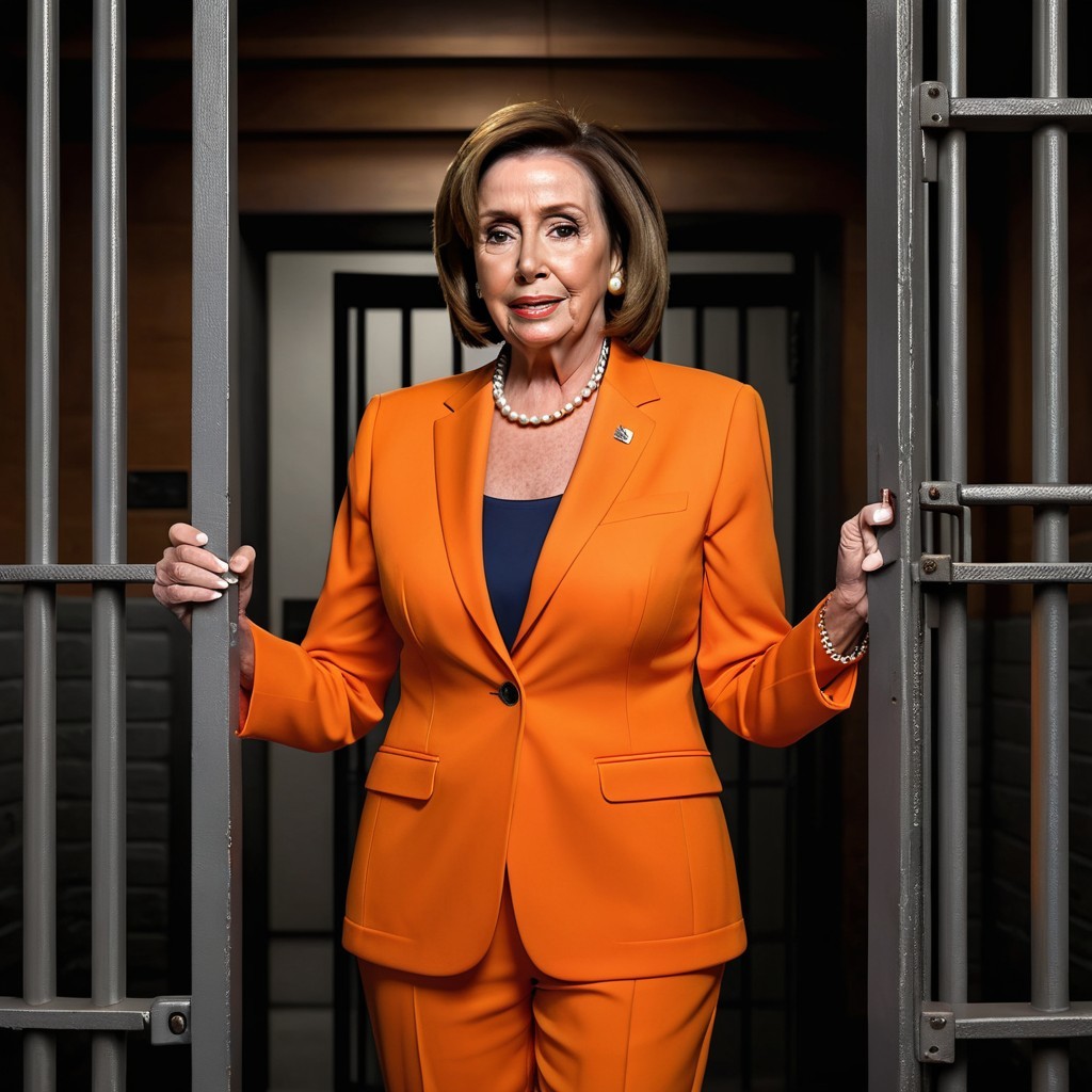 Woman in Orange Suit at Jail Cell Entrance