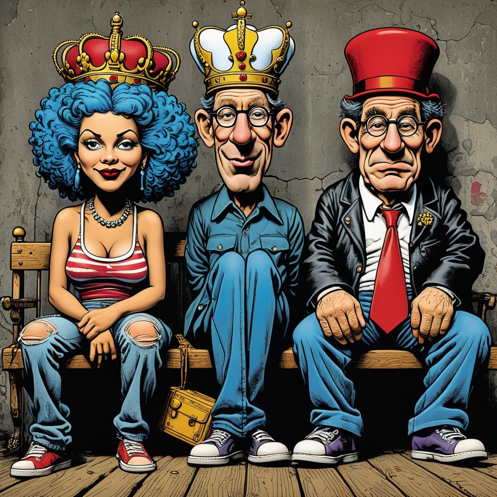 Three Characters on a Bench with Unique Attire