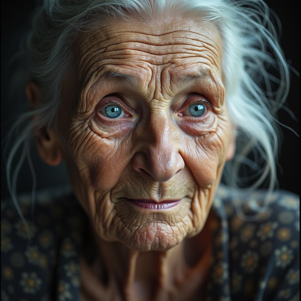 Elderly Woman with Expressive Features and Blue Eyes