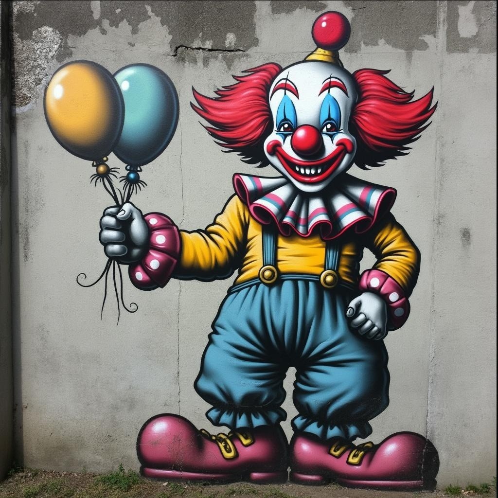 Vibrant Mural of Cheerful Clown on Concrete Wall