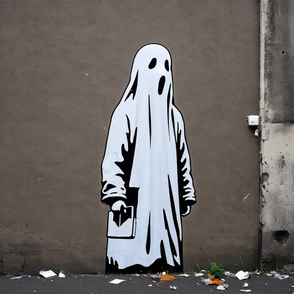Mural of a ghostly figure in black and white style