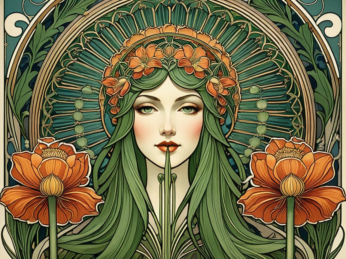 Elegant woman with green hair and floral halo