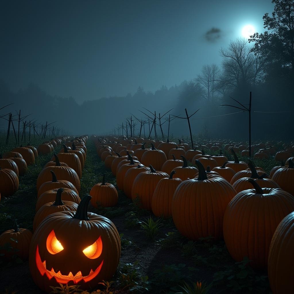 Moonlit Pumpkin Patch with Glowing Grin and Mist